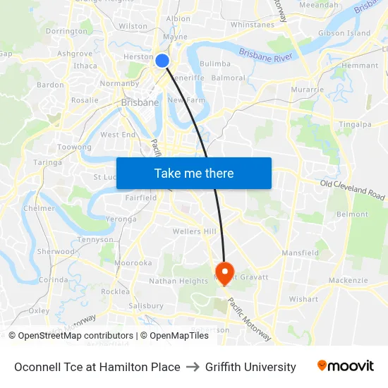 Oconnell Tce at Hamilton Place to Griffith University map