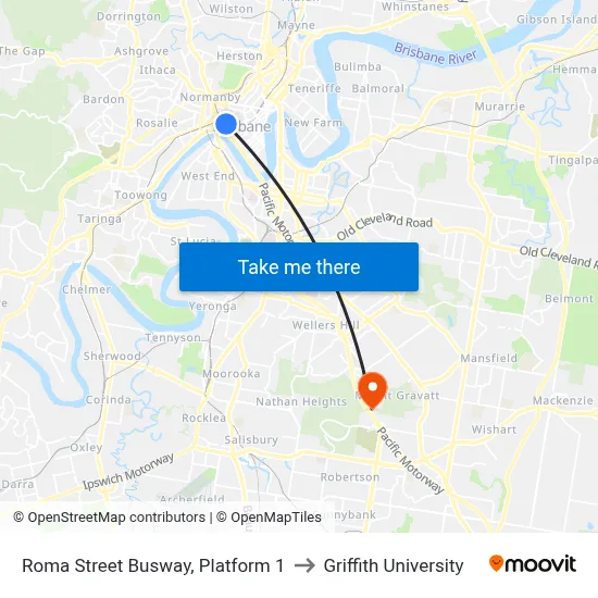 Roma Street Busway, Platform 1 to Griffith University map