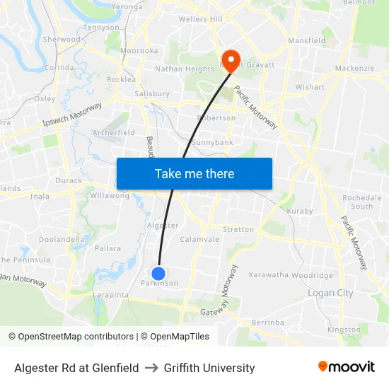 Algester Rd at Glenfield to Griffith University map