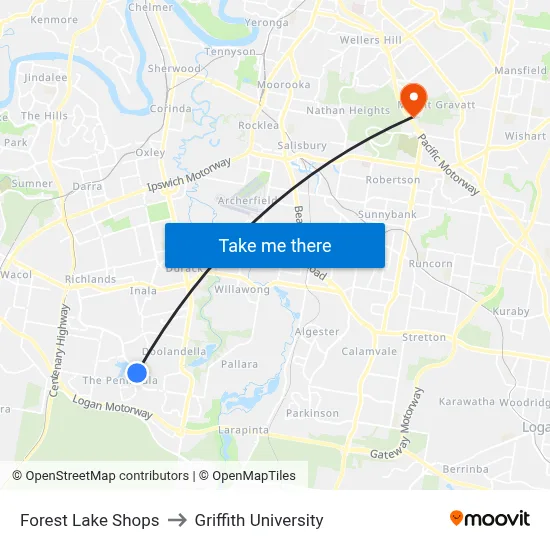 Forest Lake Shops to Griffith University map