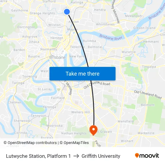 Lutwyche Station, Platform 1 to Griffith University map