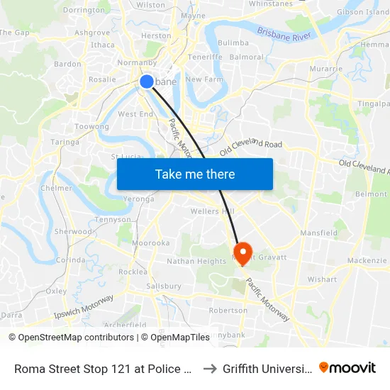 Roma Street Stop 121 at Police Hq to Griffith University map