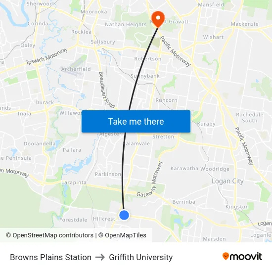 Browns Plains Station to Griffith University map
