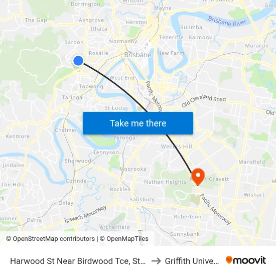 Harwood St Near Birdwood Tce, Stop 28a to Griffith University map