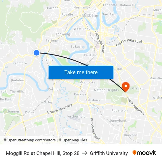 Moggill Rd at Chapel Hill, Stop 28 to Griffith University map