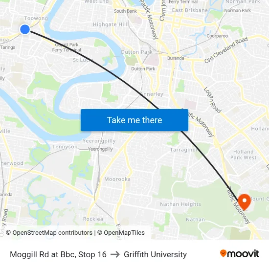 Moggill Rd at Bbc, Stop 16 to Griffith University map