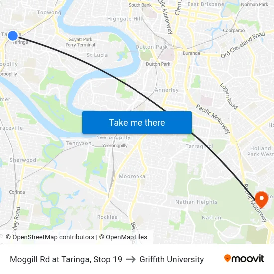 Moggill Rd at Taringa, Stop 19 to Griffith University map