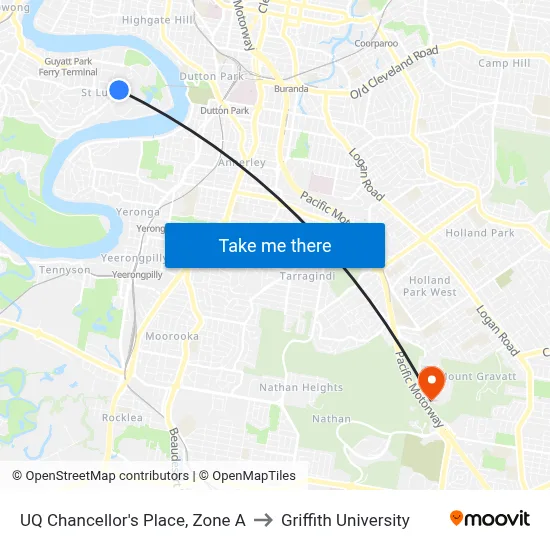 UQ Chancellor's Place, Zone A to Griffith University map
