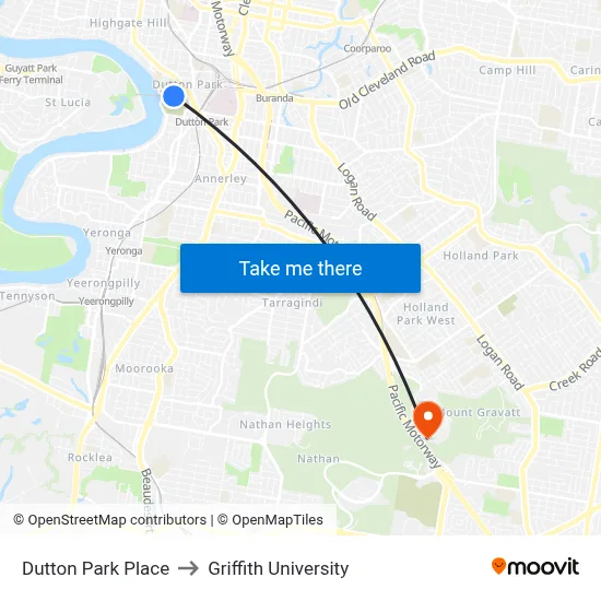 Dutton Park Place to Griffith University map