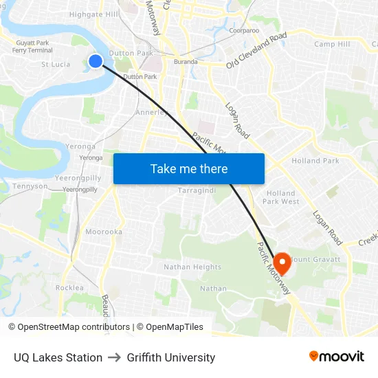 UQ Lakes Station to Griffith University map