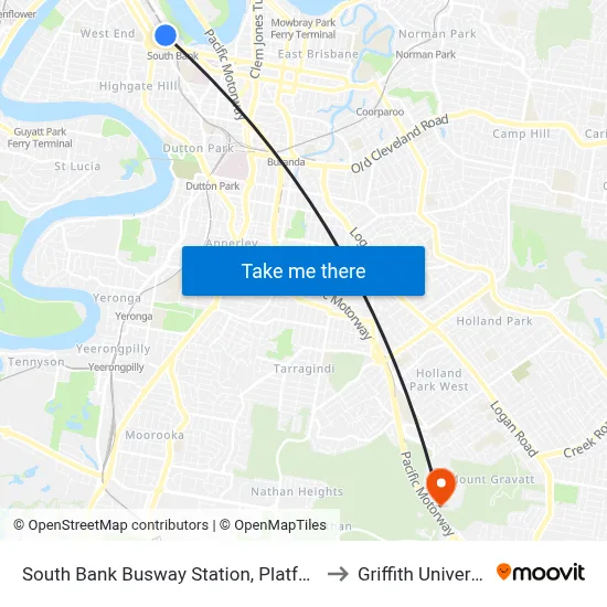 South Bank Busway Station, Platform 1 to Griffith University map