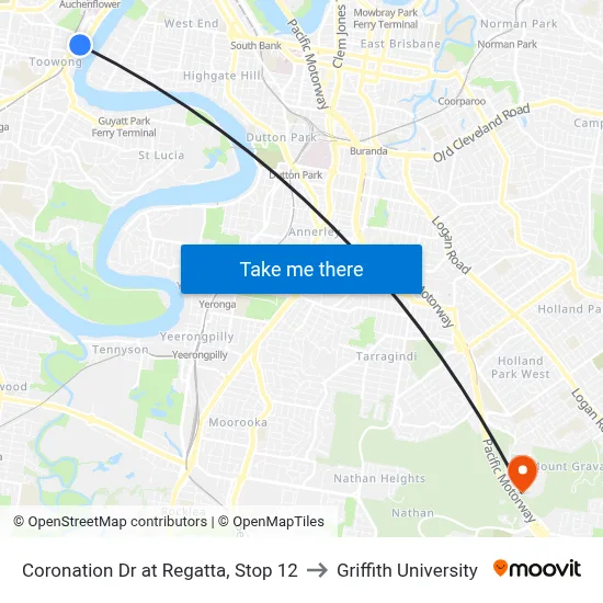 Coronation Dr at Regatta, Stop 12 to Griffith University map