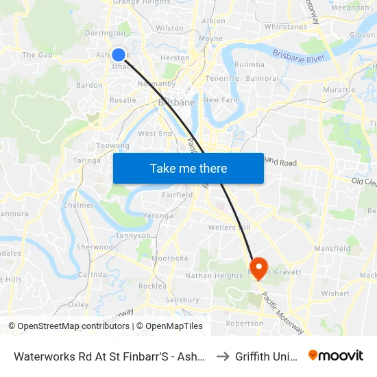 Waterworks Rd At St Finbarr'S - Ashgrove, Stop 16 to Griffith University map