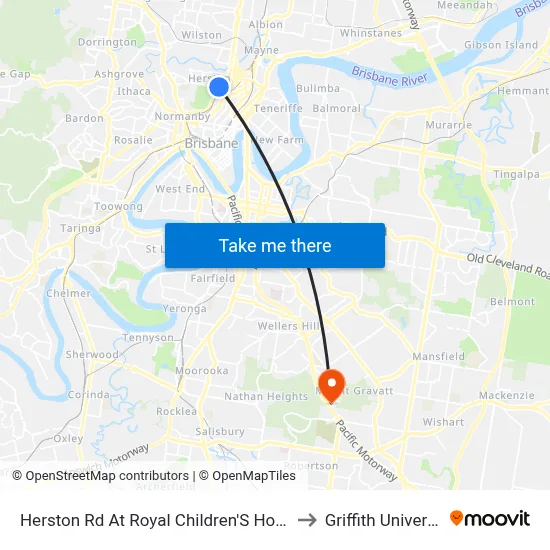 Herston Rd At Royal Children'S Hospital to Griffith University map