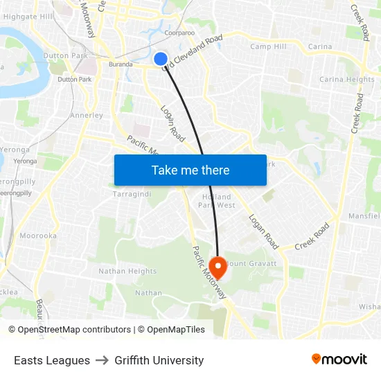 Easts Leagues to Griffith University map