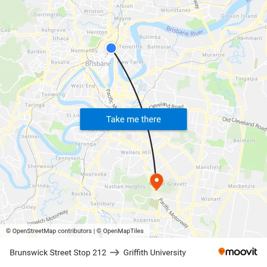 Brunswick Street Stop 212 to Griffith University map