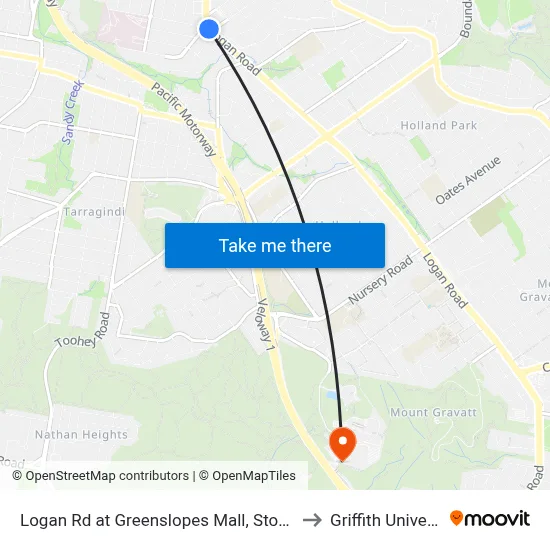 Logan Rd at Greenslopes Mall, Stop 25/24 to Griffith University map