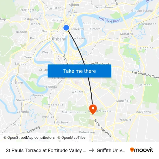 St Pauls Terrace at Fortitude Valley Stop 240 to Griffith University map
