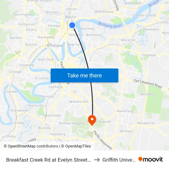 Breakfast Creek Rd at Evelyn Street, Stop 10 to Griffith University map