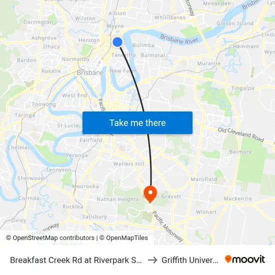 Breakfast Creek Rd at Riverpark Stop 9 to Griffith University map