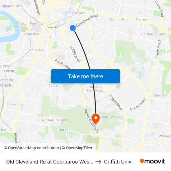 Old Cleveland Rd at Coorparoo West Stop 19 to Griffith University map