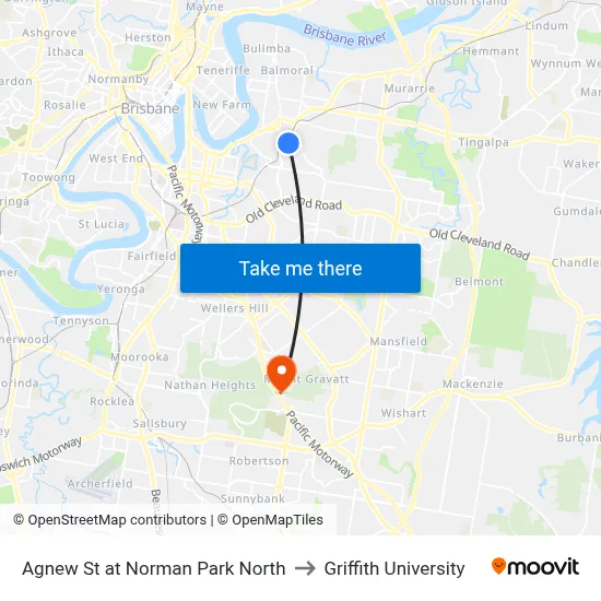 Agnew St at Norman Park North to Griffith University map