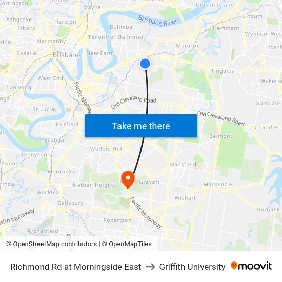 Richmond Rd at Morningside East to Griffith University map