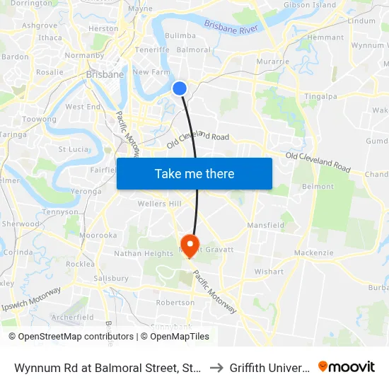 Wynnum Rd at Balmoral Street, Stop 21 to Griffith University map