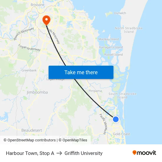 Harbour Town, Stop A to Griffith University map