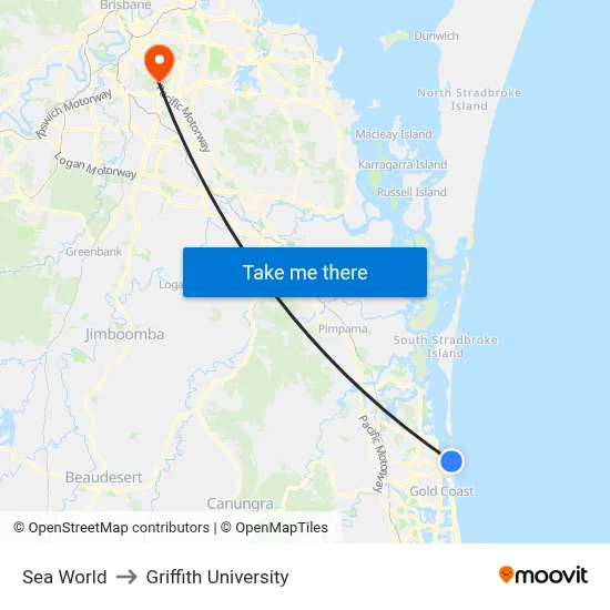 Sea World to Griffith University map
