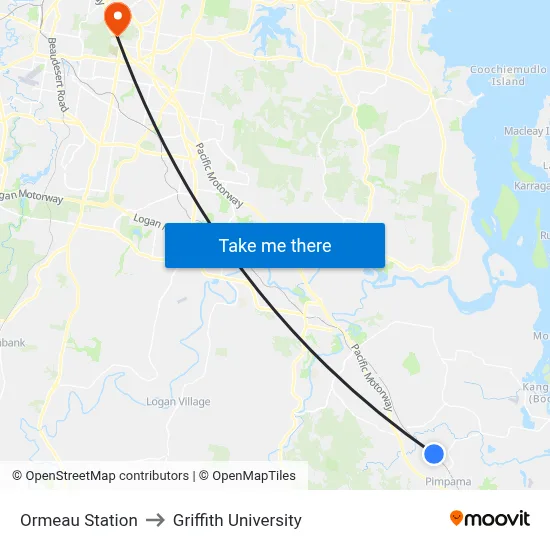 Ormeau Station to Griffith University map
