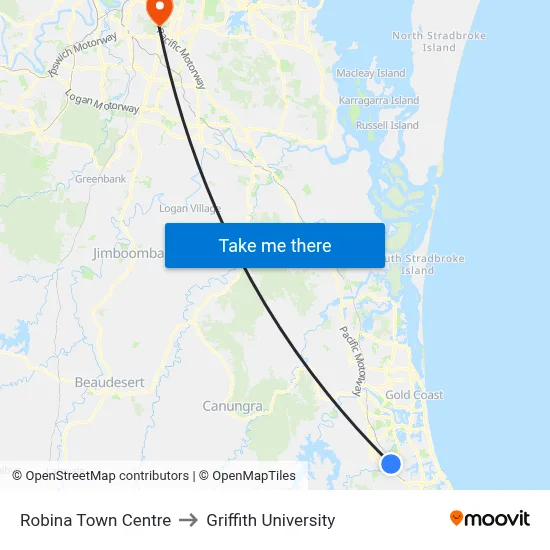 Robina Town Centre to Griffith University map