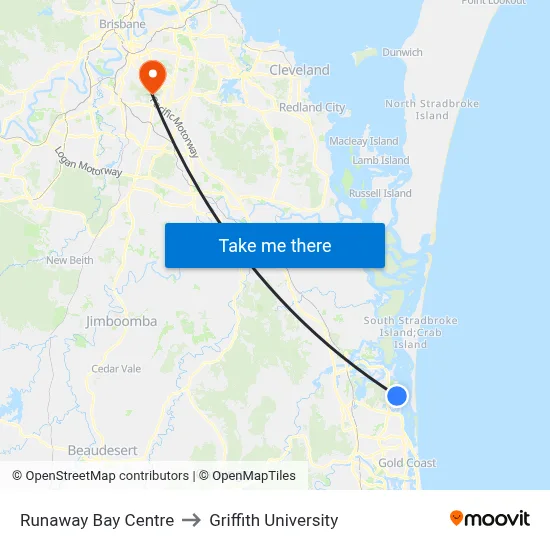 Runaway Bay Centre to Griffith University map