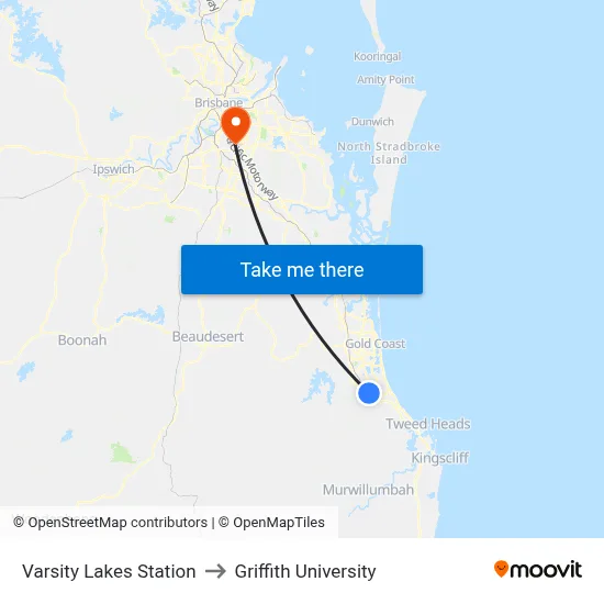Varsity Lakes Station to Griffith University map
