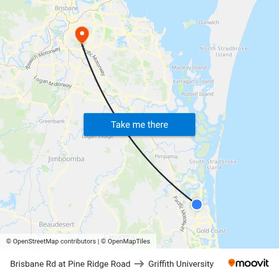 Brisbane Rd at Pine Ridge Road to Griffith University map