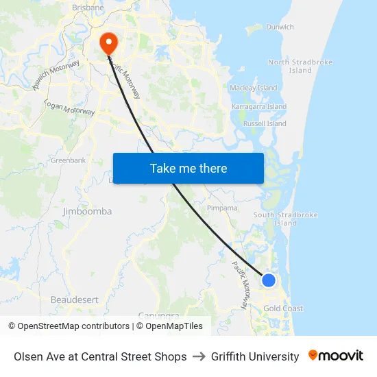 Olsen Ave at Central Street Shops to Griffith University map