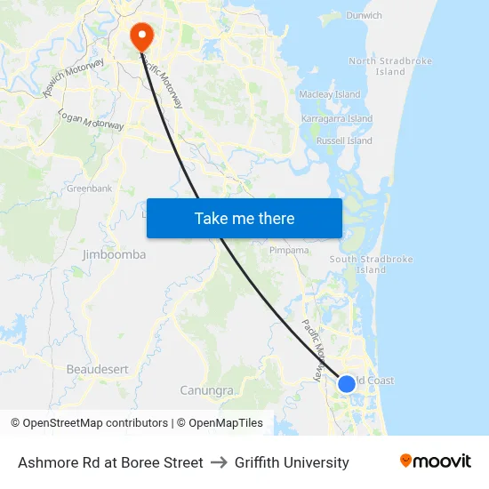 Ashmore Rd at Boree Street to Griffith University map
