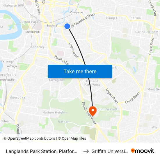 Langlands Park Station, Platform 2 to Griffith University map