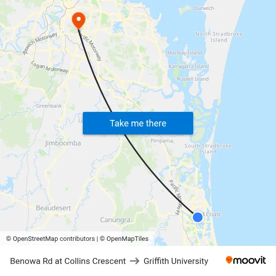 Benowa Rd at Collins Crescent to Griffith University map