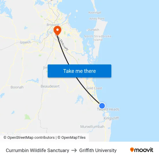 Currumbin Wildlife Sanctuary to Griffith University map