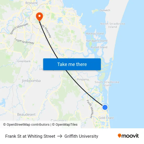 Frank St at Whiting Street to Griffith University map
