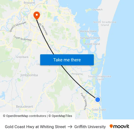 Gold Coast Hwy at Whiting Street to Griffith University map