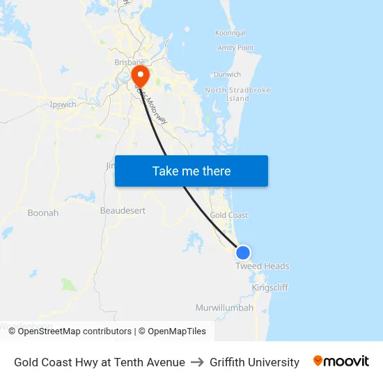 Gold Coast Hwy at Tenth Avenue to Griffith University map