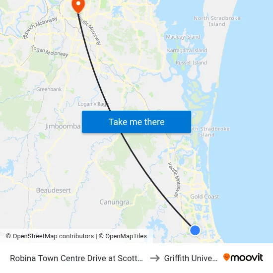 Robina Town Centre Drive at Scottsdale Dr to Griffith University map