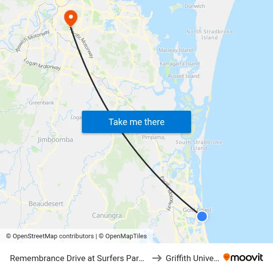 Remembrance Drive at Surfers Paradise Bvd to Griffith University map