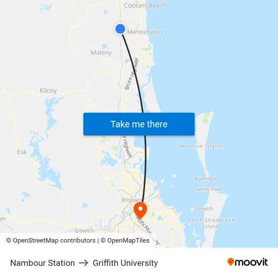 Nambour Station to Griffith University map