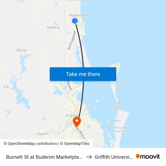Burnett St at Buderim Marketplace to Griffith University map
