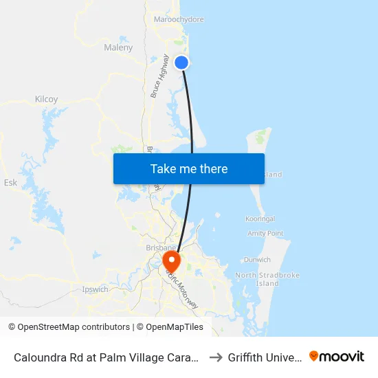 Caloundra Rd at Palm Village Caravan Park to Griffith University map