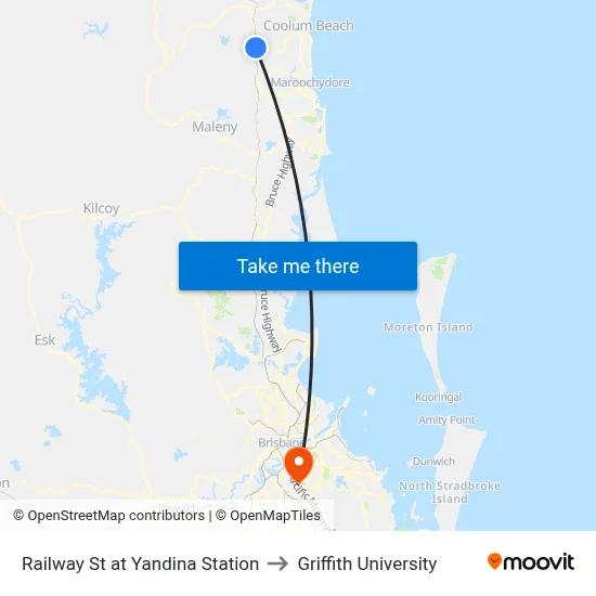 Railway St at Yandina Station to Griffith University map