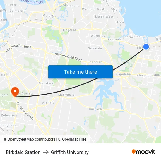 Birkdale Station to Griffith University map